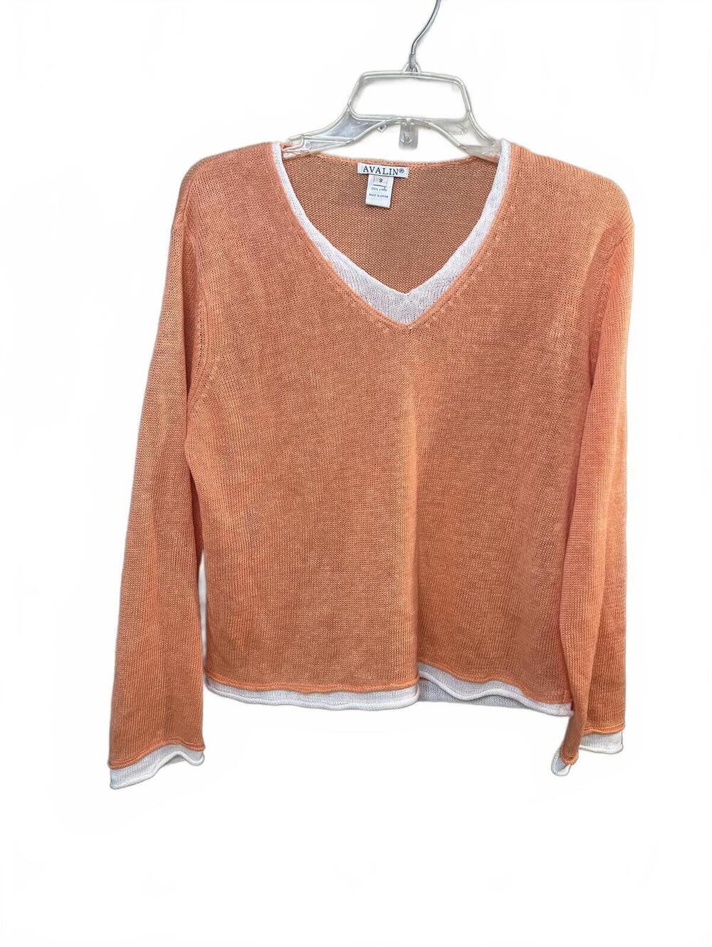 AVALIN 100% Linen V-Neck Coral Orange White Layered Lightweight Sweater Small